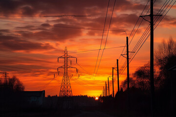 Power transmission line at sunset. AI Generated