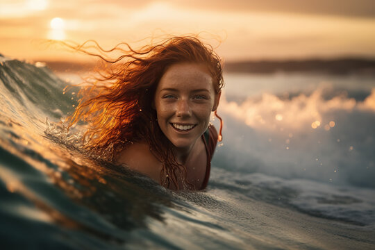 Illustration of a woman surfing and smiling in the ocean created with Generative AI technology