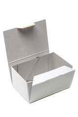 White cardboard box. Small recyclable container.