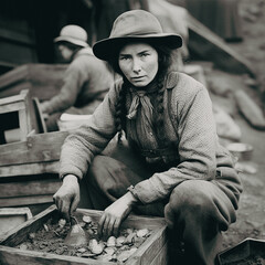 Woman panning for gold in the Klondike, 1890s. Generative AI. - obrazy, fototapety, plakaty