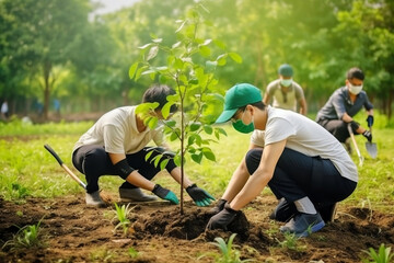 Volunteer, farmer plant for gardening in park with trees in nature environment, Happy team helping and planting for growth, ecology and sustainability for community on Earth day (generative AI)