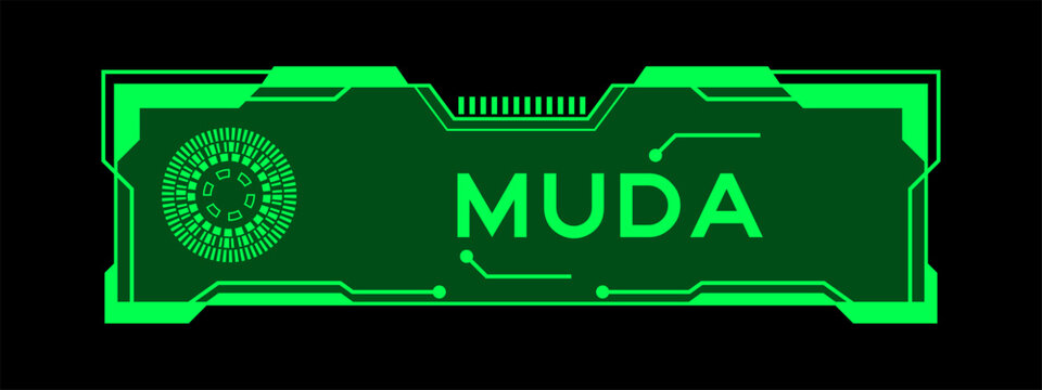 Green color of futuristic hud banner that have word muda on user interface screen on black background