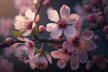 Obraz na płótnie Canvas Sakura flowers blooming beautiful pink cherry blossom with generative AI technology