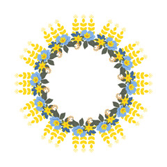 Fototapeta premium Wreath frame made of spike and flowers in yellow and blue. Vector illustration of an isolation. Ukrainian national colors.