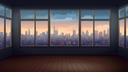 Plakat Empty room with panoramic window and city view. Vector illustration generative ai