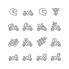 Vector line set of icons related with motorbike. Contains monochrome icons like helmet, motorcycle, service, repair and more. Simple outline sign.