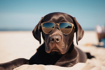 labrador dog wearing sunglasses on the beach