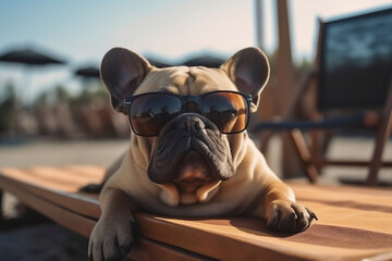 french bulldog Puppy dog wearing sunglasses on the beach