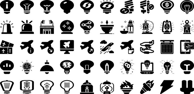 Light Icon Set Isolated Silhouette Solid Icons With Outline, Icon, Symbol, Bright, Line, Bulb, Light Infographic Simple Vector Illustration