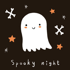 Hand drawn cute ghost flying. Bones and stars background. Isolated flat design elements for Halloween celebration. Hand written text Spooky night.