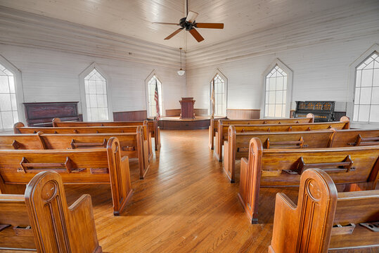 DOTHAN, ALABAMA - JANUARY 17, 2015 : Interior of a historic church in the Dothan's Landmark Park. HDR processed.