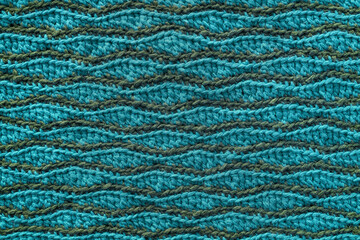 Turquoise grey crochet wave pattern. Knitted fabric texture.
