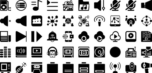 Media Icon Set Isolated Silhouette Solid Icons With Vector, Internet, Media, Symbol, Icon, Social, Sign Infographic Simple Vector Illustration