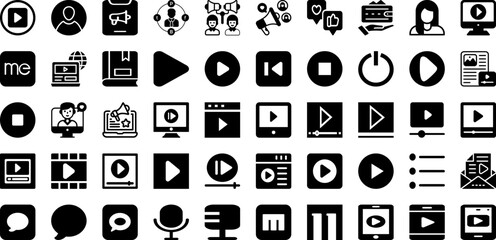 Media Icon Set Isolated Silhouette Solid Icons With Vector, Symbol, Icon, Internet, Media, Social, Sign Infographic Simple Vector Illustration