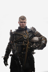 Shot of post apocalyptic survivor with rifle and helmet dressed in military uniform.