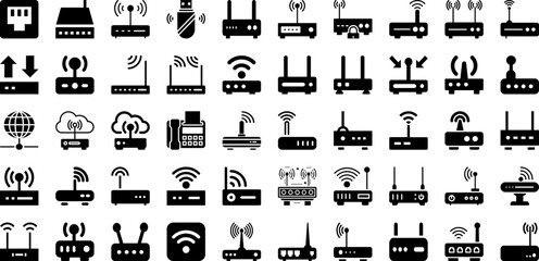 Modem Icon Set Isolated Silhouette Solid Icons With Wireless, Router, Symbol, Icon, Vector, Computer, Modem Infographic Simple Vector Illustration - obrazy, fototapety, plakaty