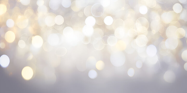 Shining blurred cold silver bokeh background with glitters and lights. Glowing silver white holiday banner for christmas, new year and other celebration with bokeh lights and copy space. Generative AI
