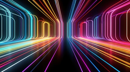 Fototapeta premium 3d render, abstract panoramic neon, light speed background. Bright purple violet pink lines glowing in ultraviolet light, generative ai, futuristic path. 