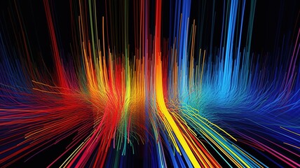 3d render, abstract panoramic neon, light speed background. Bright purple violet pink lines glowing in ultraviolet light, generative ai, futuristic path. 