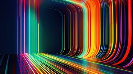 3d render, abstract panoramic neon, light speed background. Bright purple violet pink lines glowing in ultraviolet light, generative ai, futuristic path. 