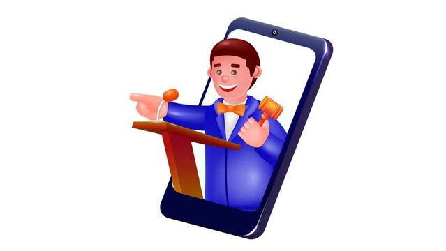 Animated view of online auctioneer of smartphone holding gavel and voting, 3d vector