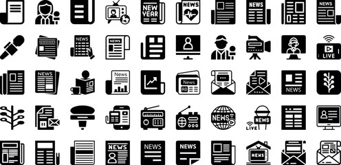 News Icon Set Isolated Silhouette Solid Icons With Web, Icon, Communication, News, Sign, Media, Vector Infographic Simple Vector Illustration