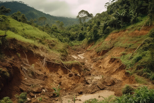 Devastating Landslides. Heavy rain triggers massive landslides, leaving behind a trail of destruction. Generative AI.