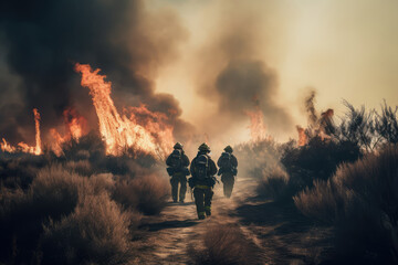 Team of brave firefighters marching towards a massive wildfire. Generative AI.