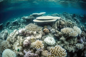 Coral reef bleaching and the Impact of El Nino on coral reefs. The once vibrant and colorful ecosystem has been stripped of its beauty, leaving behind a ghostly, lifeless shell. Generative AI