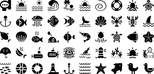 Ocean Icon Set Isolated Silhouette Solid Icons With Illustration, Icon, Symbol, Set, Ocean, Vector, Sea Infographic Simple Vector Illustration