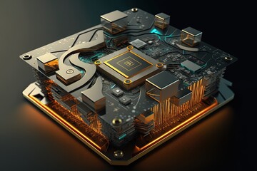 AI generated cryptocurrency technology background with chipset motherboard