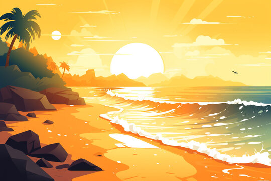 sunset at the beach illustration images ai generative 