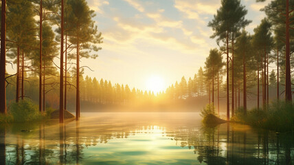 Fototapeta na wymiar A beautiful colorful illustration of a summer landscape with a mountain lake among a pine forest . High quality illustration Generative AI