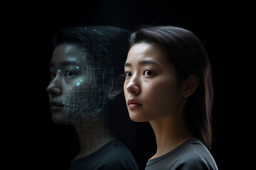 Fototapeta premium Person looking at a digital Artificial intelligence version of themselves. Deep fake. Generative ai