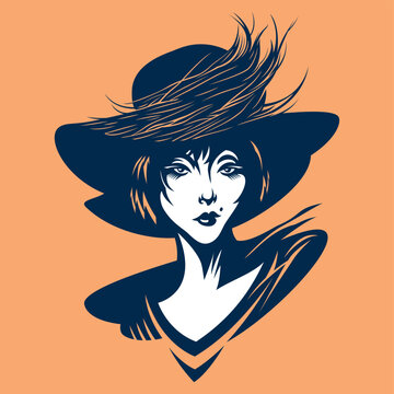 Concept art of an Asian Woman Fashion model in large Hat with Ostrich feathers. Silhouette sketch. Vector illustration