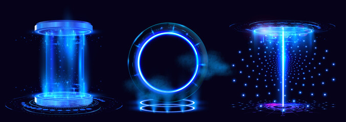 Blue hologram portal. Magic fantasy portal. Magic circle teleport podium with hologram effect. Abstract high tech futuristic technology design. Neon led glow stage blue laser round glitter teleport. - obrazy, fototapety, plakaty