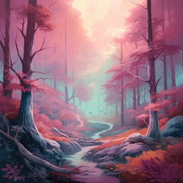 A mesmerizing forest landscape with a dreamy, pastel color palette and a hint of magic.