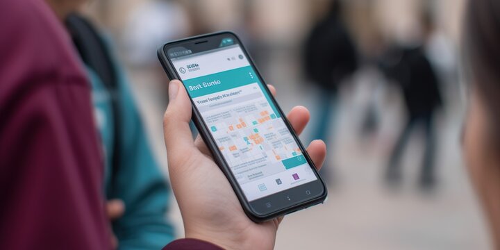 A volunteer using a smartphone to coordinate a community event, set against an organized, collaborative background, concept of Technology in volunteering, created with Generative AI technology