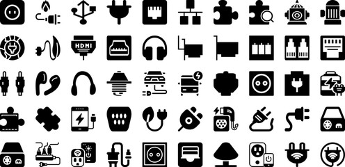 Plug Icon Set Isolated Silhouette Solid Icons With Cable, Power, Electric, Icon, Sign, Energy, Plug Infographic Simple Vector Illustration