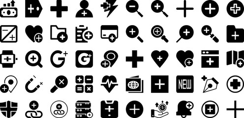 Plus Icon Set Isolated Silhouette Solid Icons With Sign, Symbol, Web, Vector, Icon, Button, Plus Infographic Simple Vector Illustration