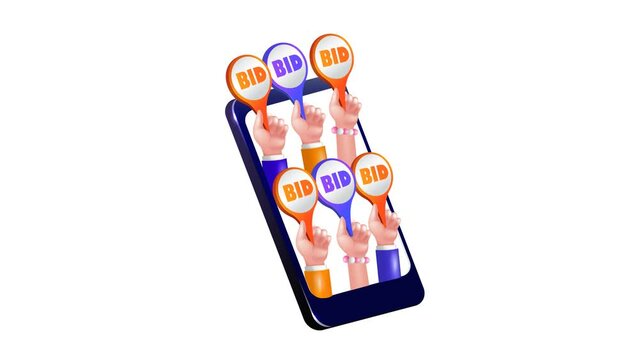 Online auction bidding. Hand holding self bid in smartphone. Auction and bidding concept. Online sales and buyers. 3d Vector 