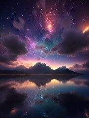 Naklejka premium Mystic Foggy River Water Surreal Space Landscape. Surreal landscape reflecting on river water in space. Generative AI. 