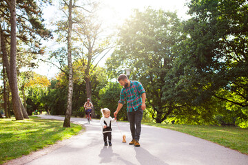 Father walking with daughter (2-3) in park
