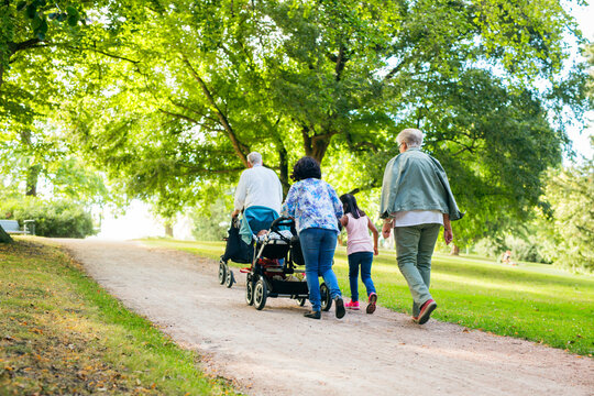 Multi-generation family with children (6-11 months, 6-7) walking in park