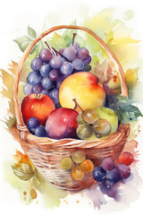 harvest wicker basket with vegetables fruits berries a watercolor concept on an isolated background ai generative