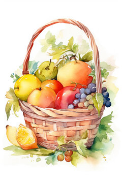 harvest wicker basket with vegetables fruits berries a watercolor concept on an isolated background ai generative