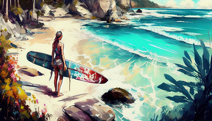 Girl with sup board, art. Summer beach. AI generated