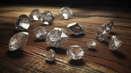 diamonds on an old wooden table. AI generated