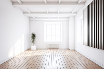 White blank room mockup background for product presentation. Empty room with shadows of window. Display product with blurred backdrop. Generative AI.