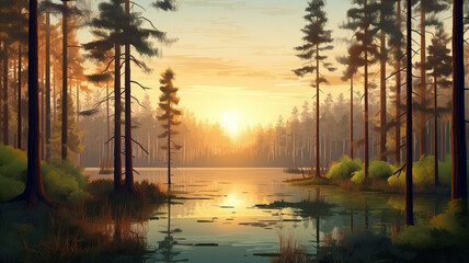 A beautiful colorful illustration of a summer landscape with a mountain lake among a pine forest . High quality illustration Generative AI